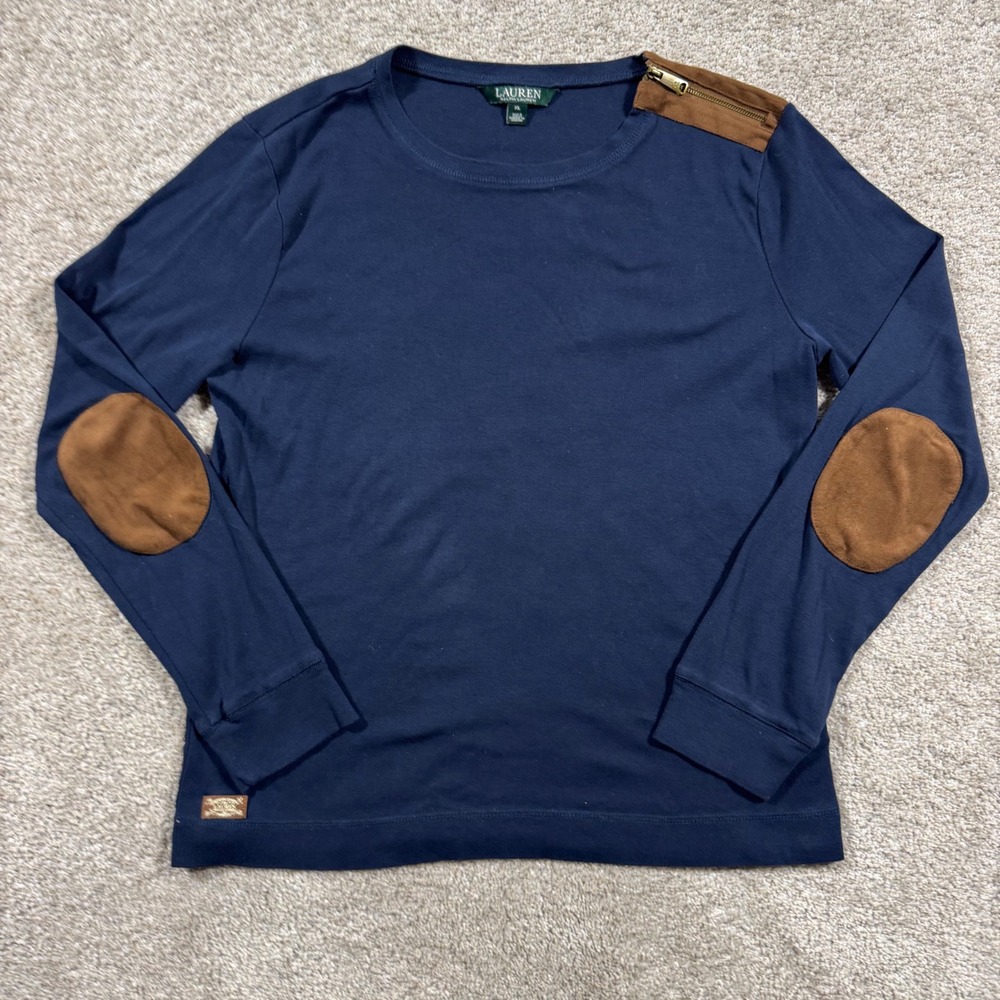 Lauren Ralph Lauren Navy Blue Long Sleeve Elbow Patch Zipper Shoulder Top XL